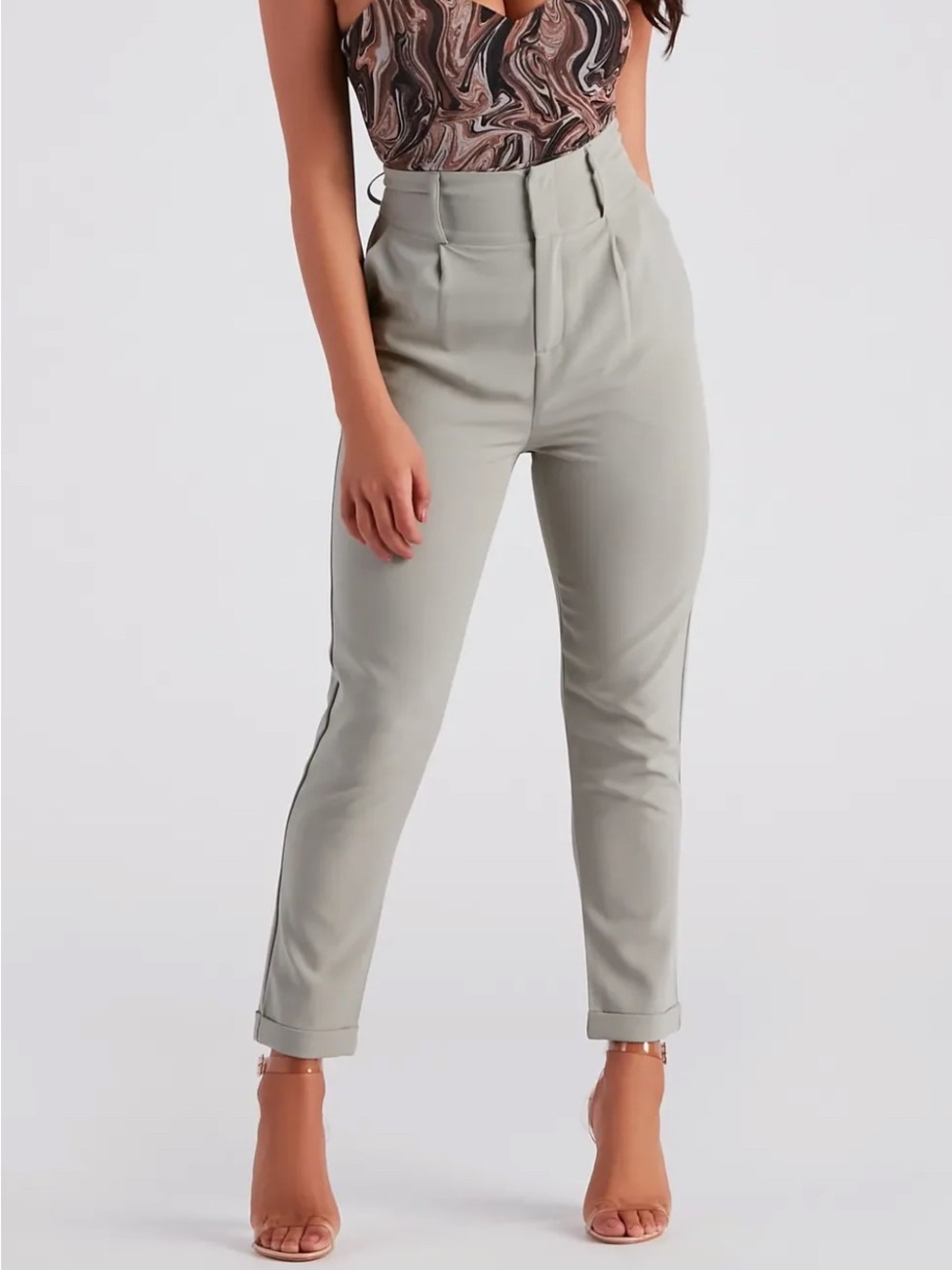 Sage Green high-waisted pants with zipper and button closure